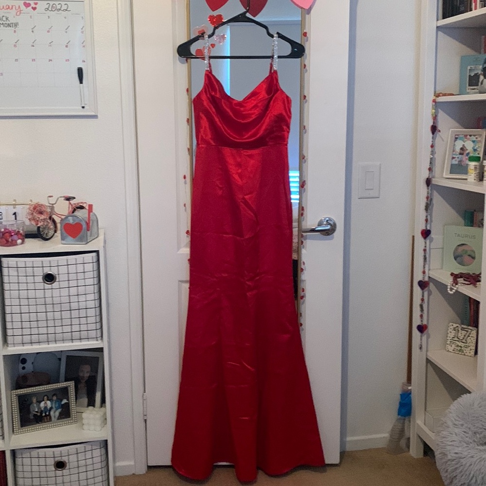 Red, silk, long prom dress